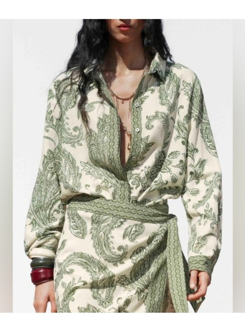 Commense Green Paisley Print Button-Front Shirt and Wrap Skirt Set